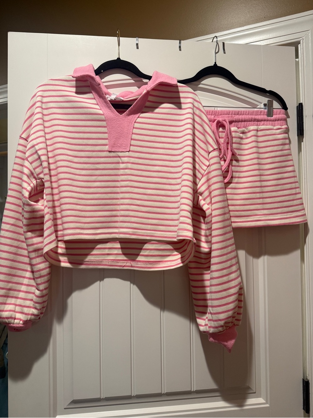 eesome Pink and Cream Striped Cropped Hoodie Set